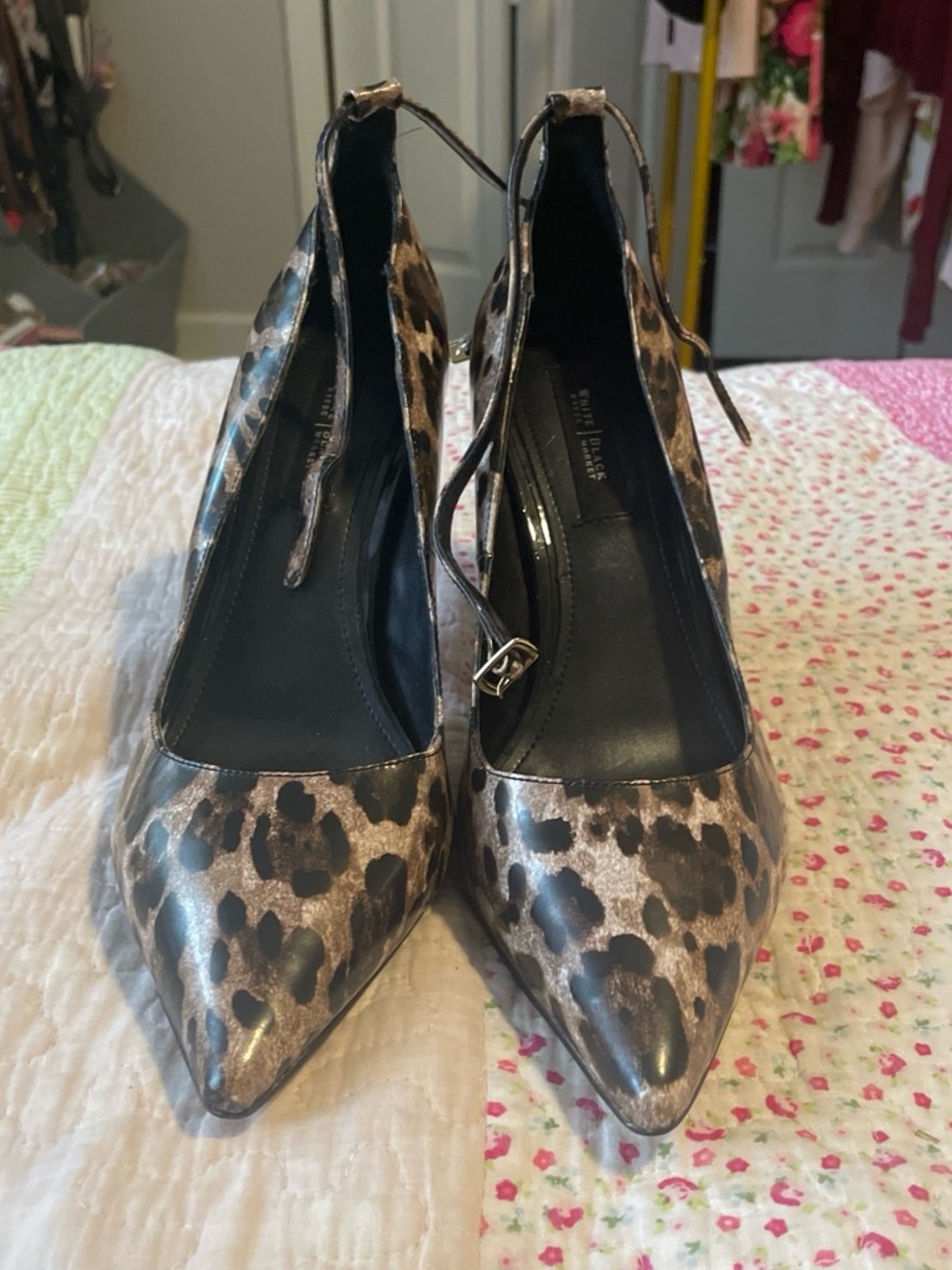 White House Black Market Leopard Print Pointed Ankle-Strap Pumps